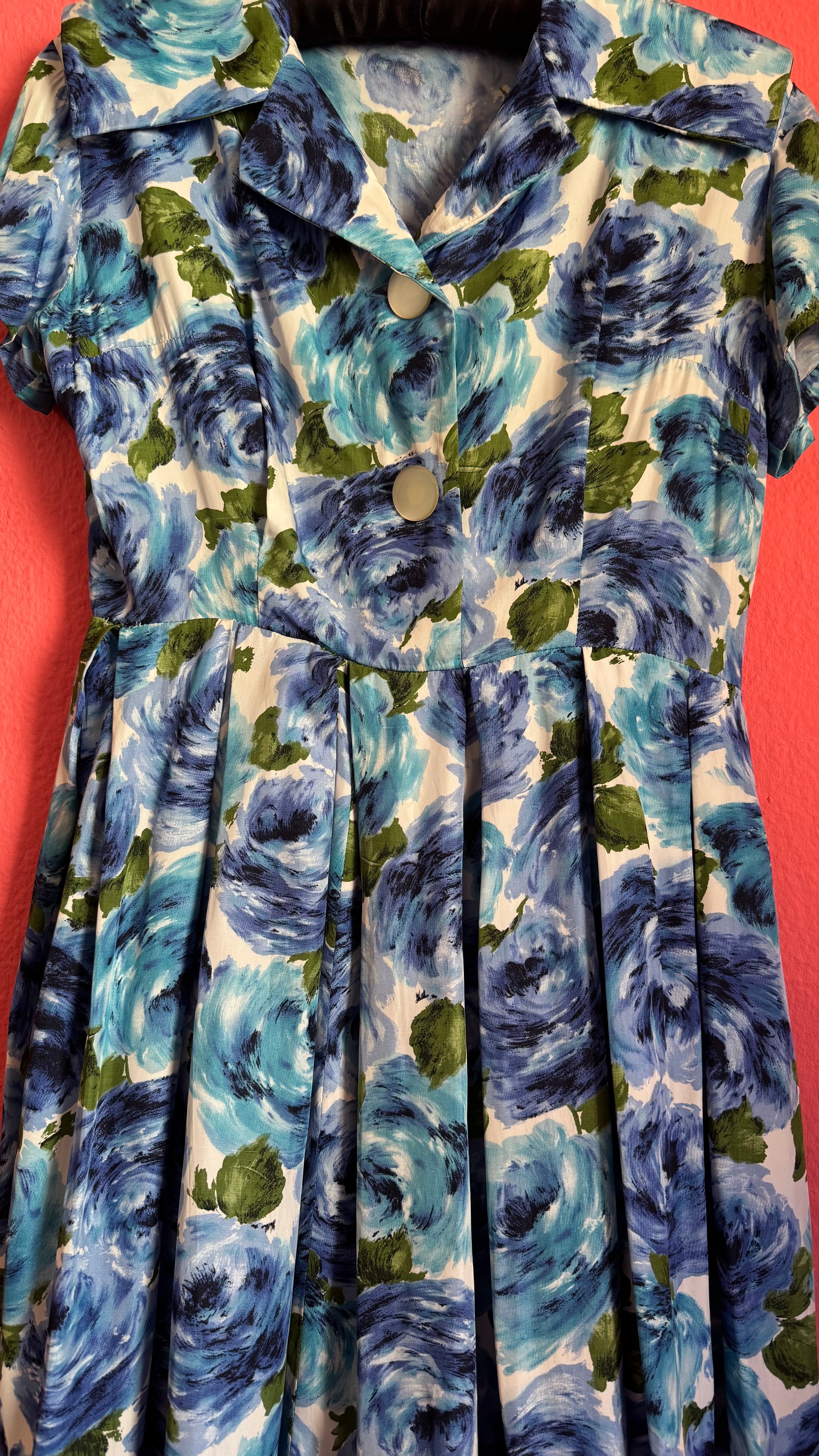 Vintage 1950s Blue Floral Silk Dress with Pleated Skirt
