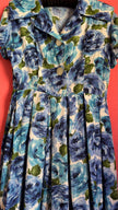 Vintage 1950s Blue Floral Silk Dress with Pleated Skirt