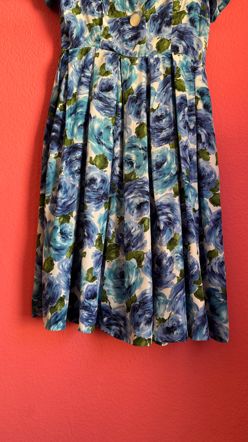 Vintage 1950s Blue Floral Silk Dress with Pleated Skirt