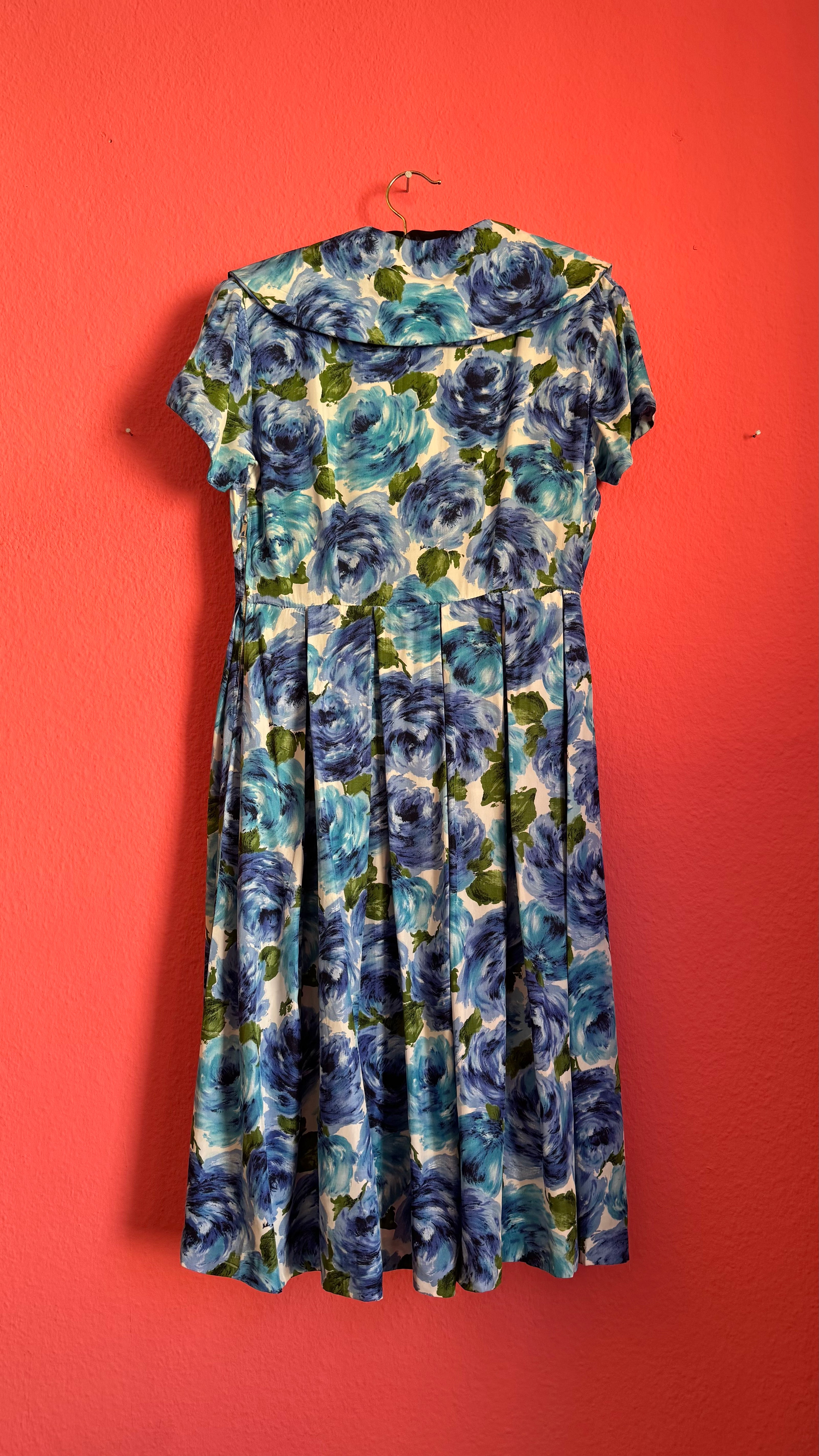 Vintage 1950s Blue Floral Silk Dress with Pleated Skirt