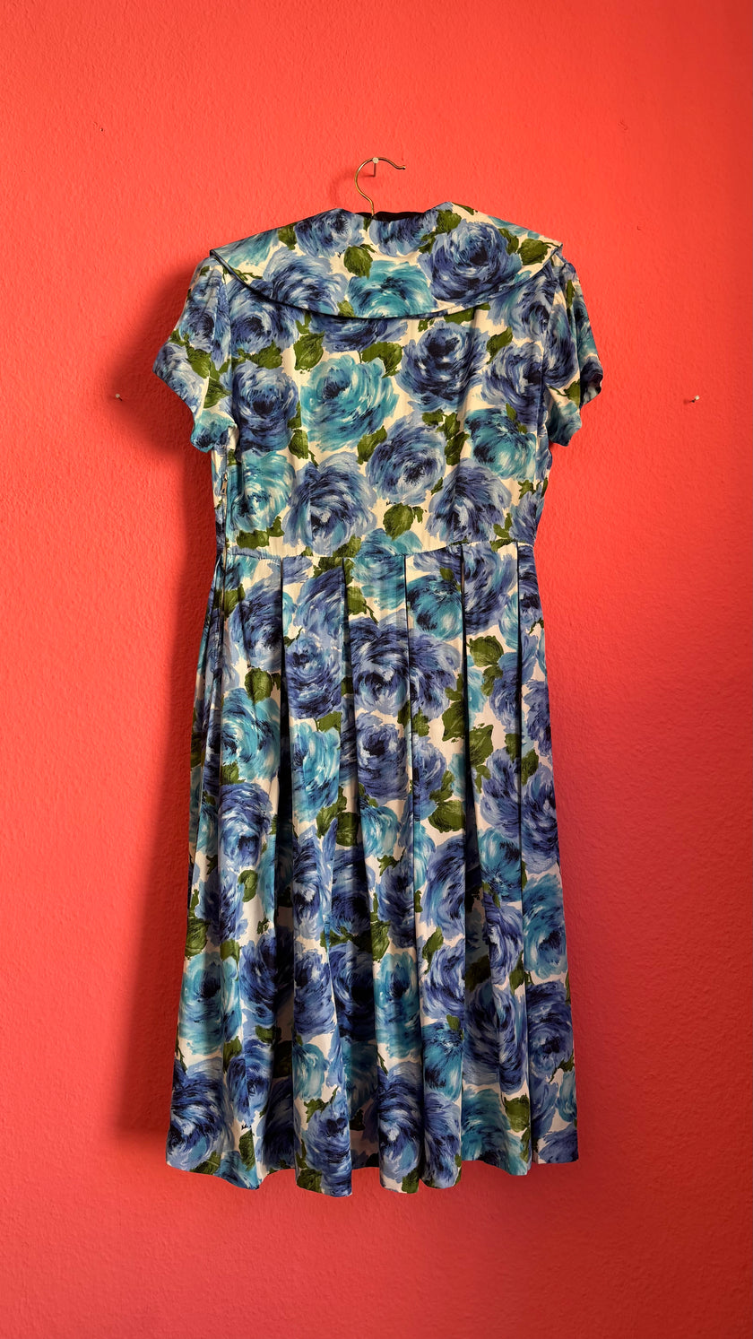 Vintage 1950s Blue Floral Silk Dress with Pleated Skirt