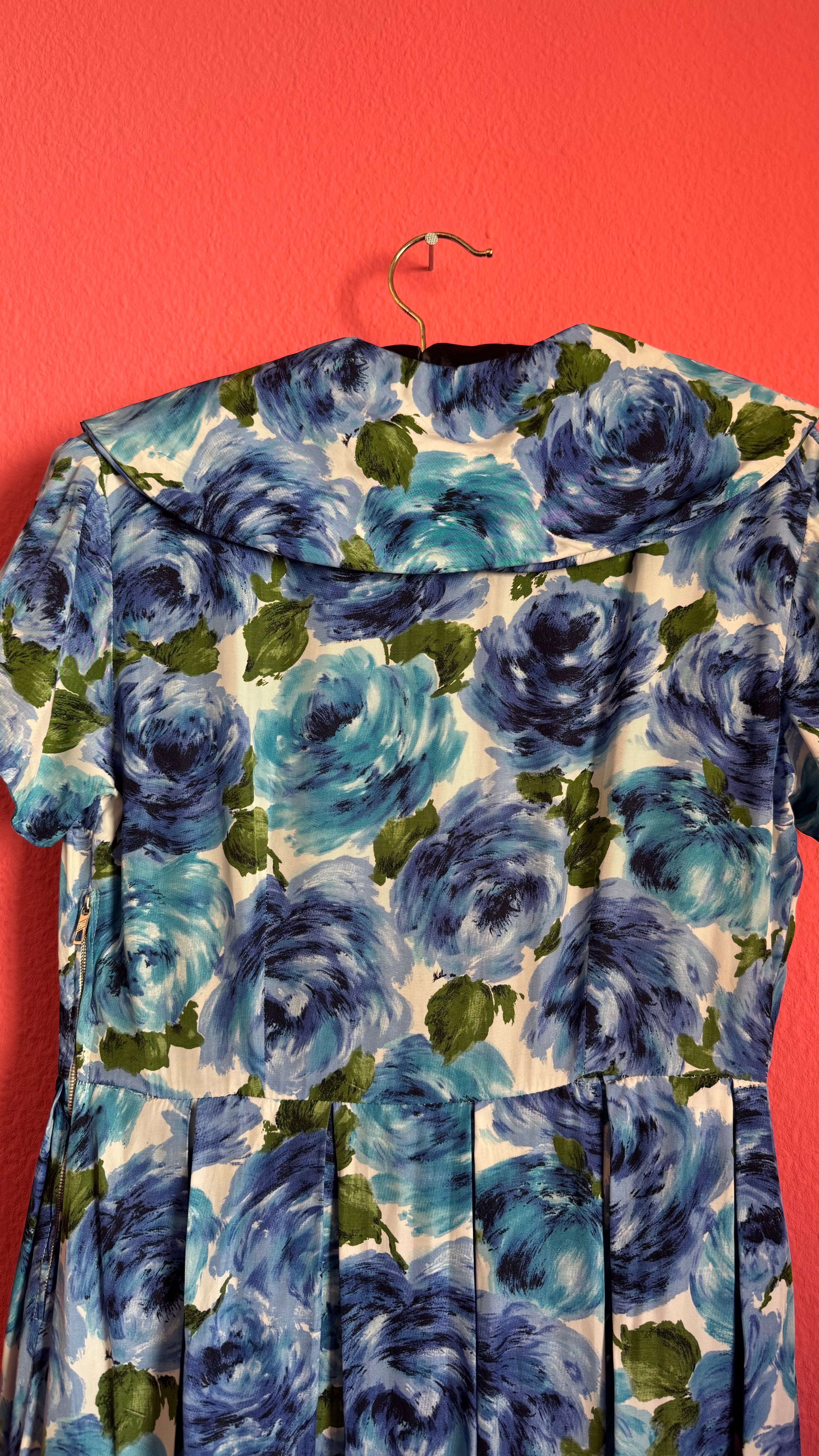 Vintage 1950s Blue Floral Silk Dress with Pleated Skirt