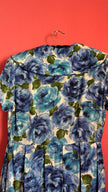 Vintage 1950s Blue Floral Silk Dress with Pleated Skirt