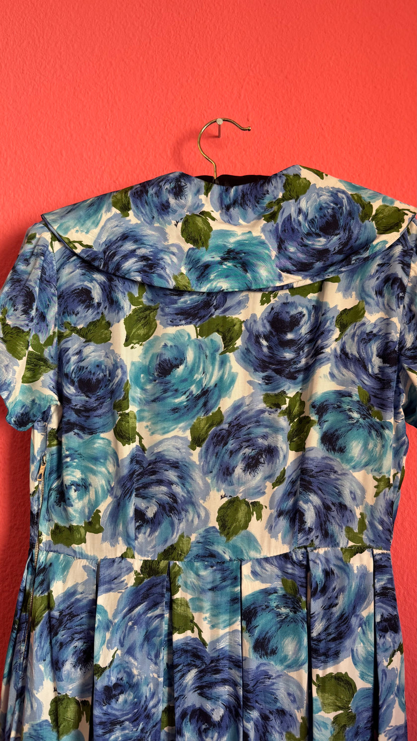 Vintage 1950s Blue Floral Silk Dress with Pleated Skirt
