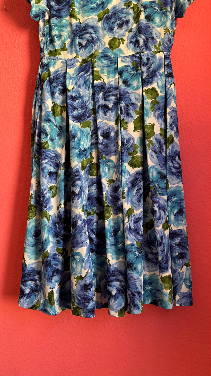Vintage 1950s Blue Floral Silk Dress with Pleated Skirt