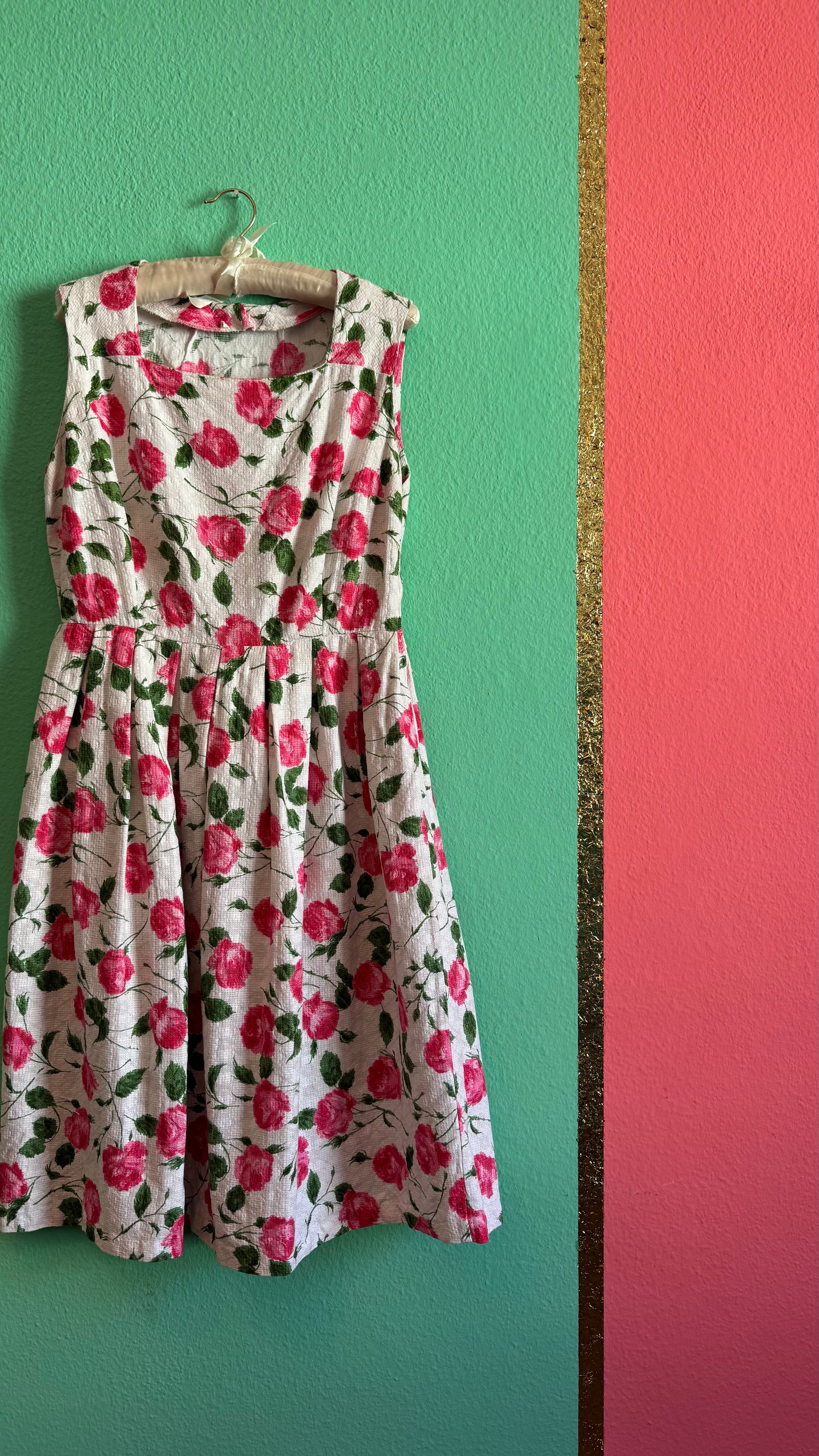 Vintage 1950s Inspired White Cotton Dress with Pink Rose Print