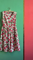 Vintage 1950s Inspired White Cotton Dress with Pink Rose Print