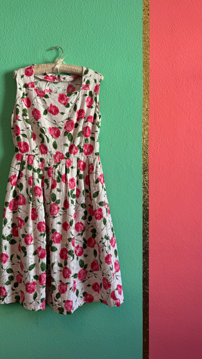 Vintage 1950s Inspired White Cotton Dress with Pink Rose Print