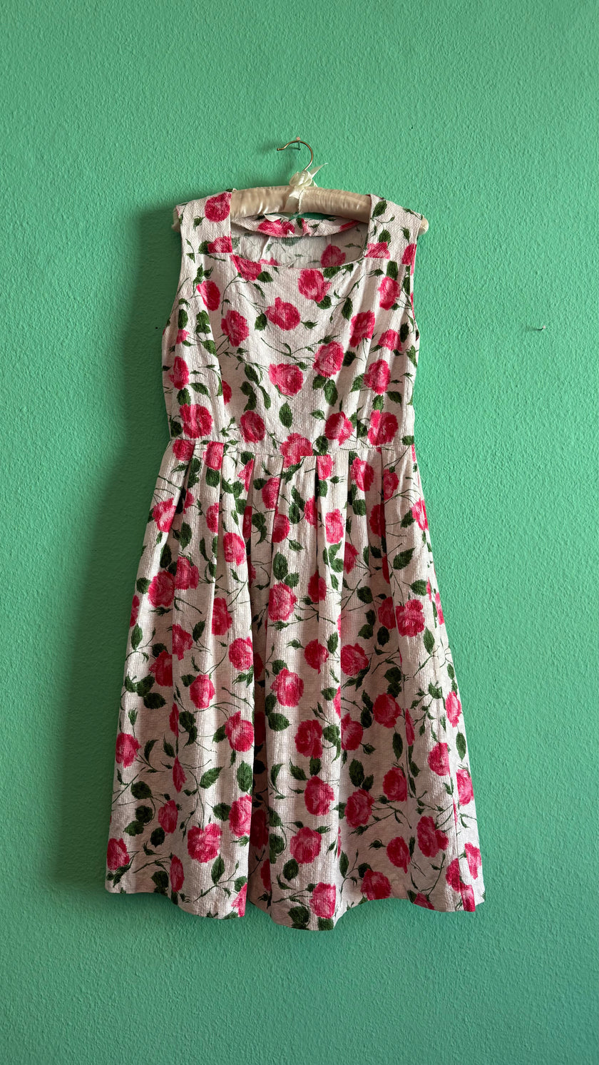 Vintage 1950s Inspired White Cotton Dress with Pink Rose Print