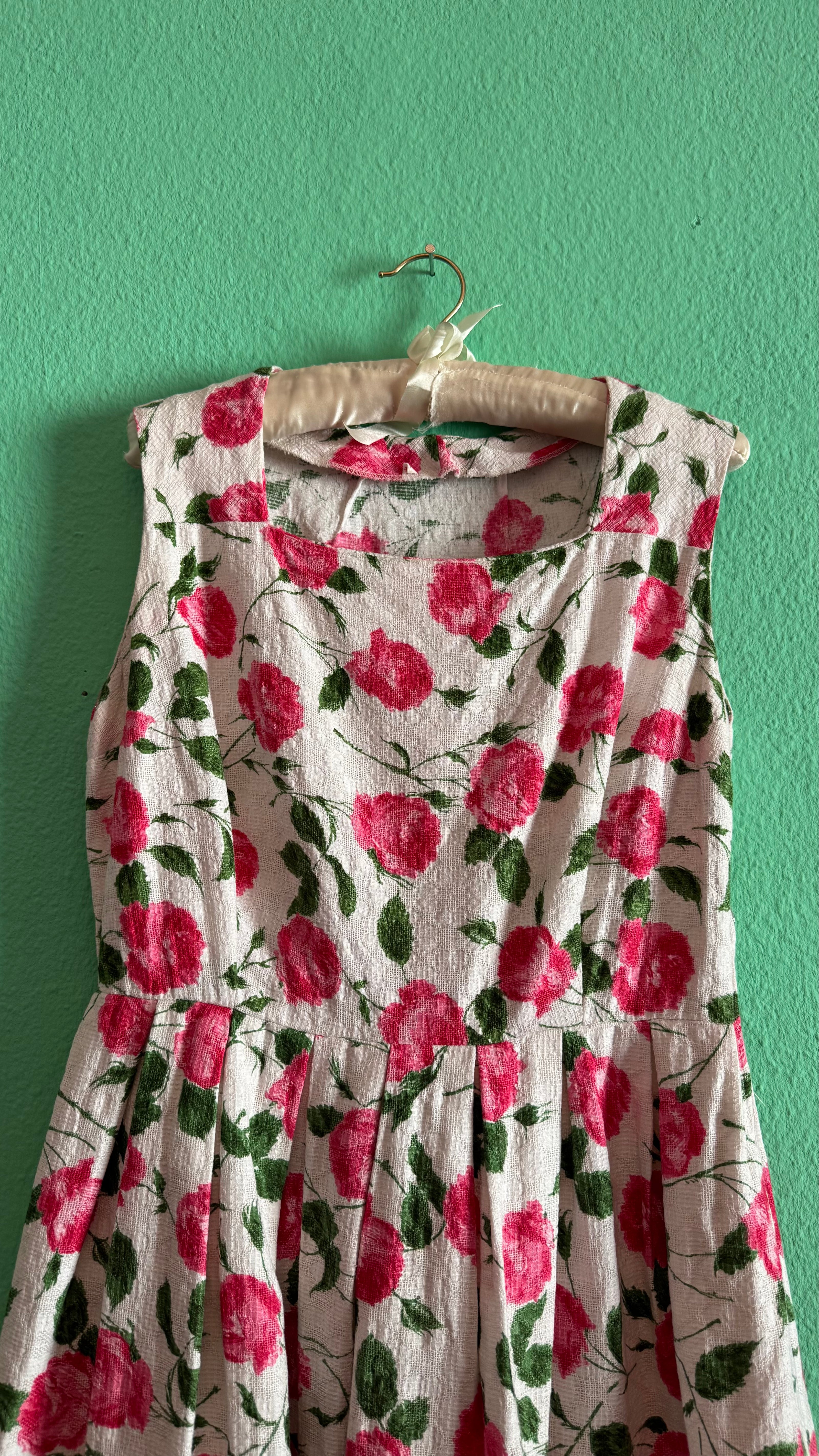Vintage 1950s Inspired White Cotton Dress with Pink Rose Print