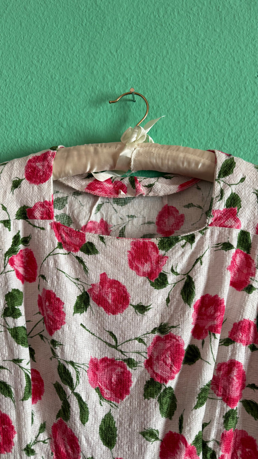 Vintage 1950s Inspired White Cotton Dress with Pink Rose Print