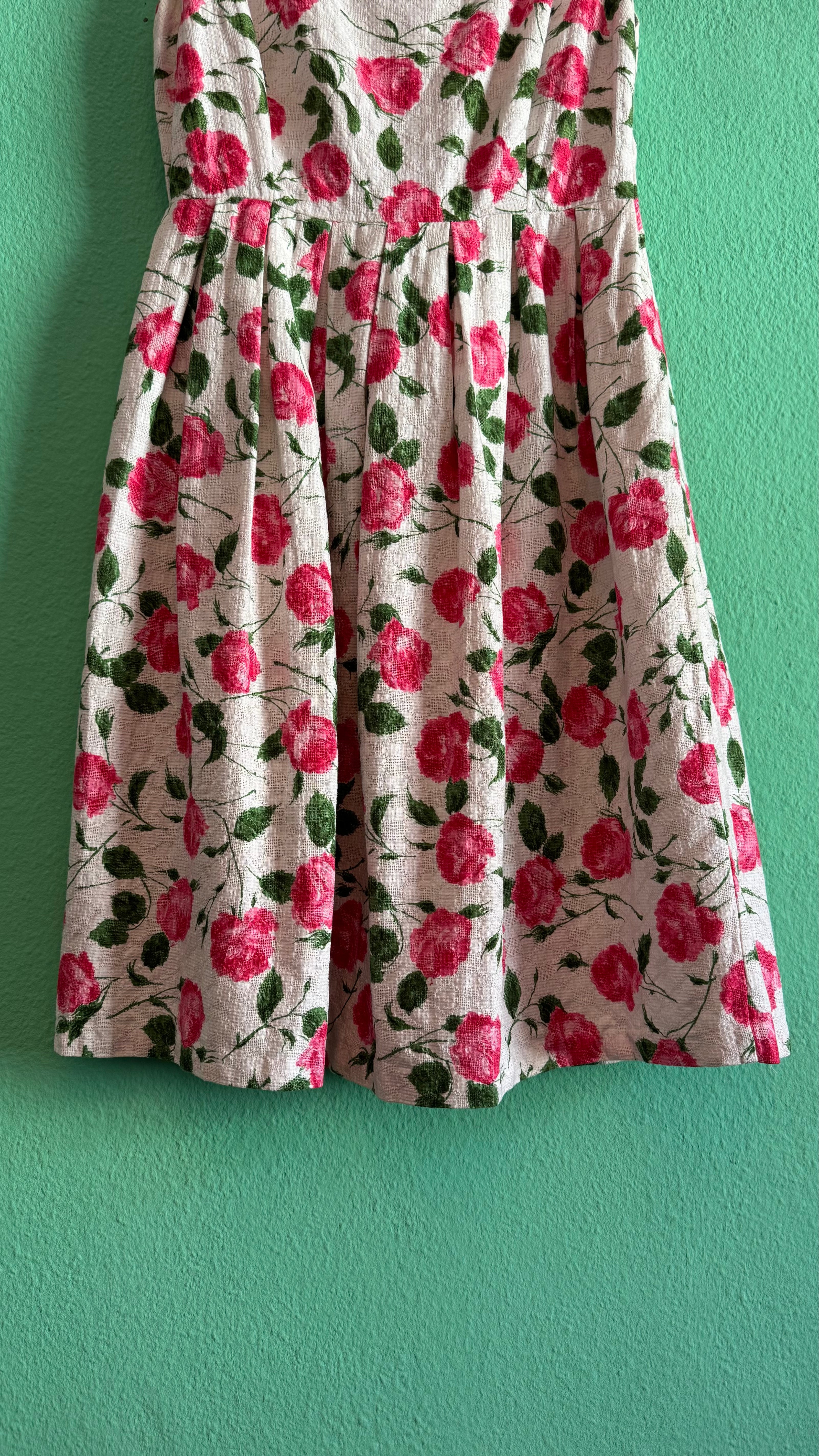 Vintage 1950s Inspired White Cotton Dress with Pink Rose Print