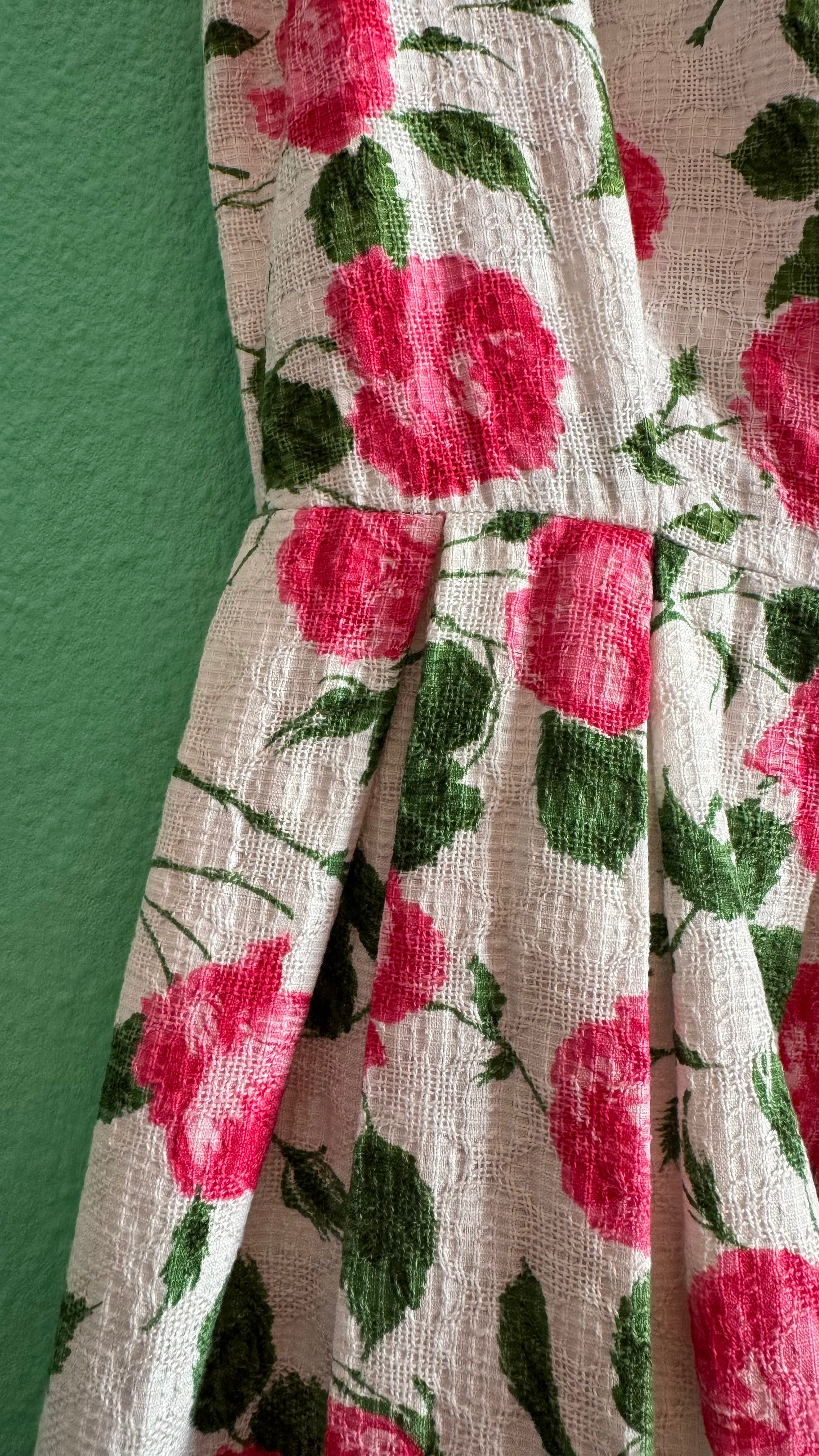 Vintage 1950s Inspired White Cotton Dress with Pink Rose Print