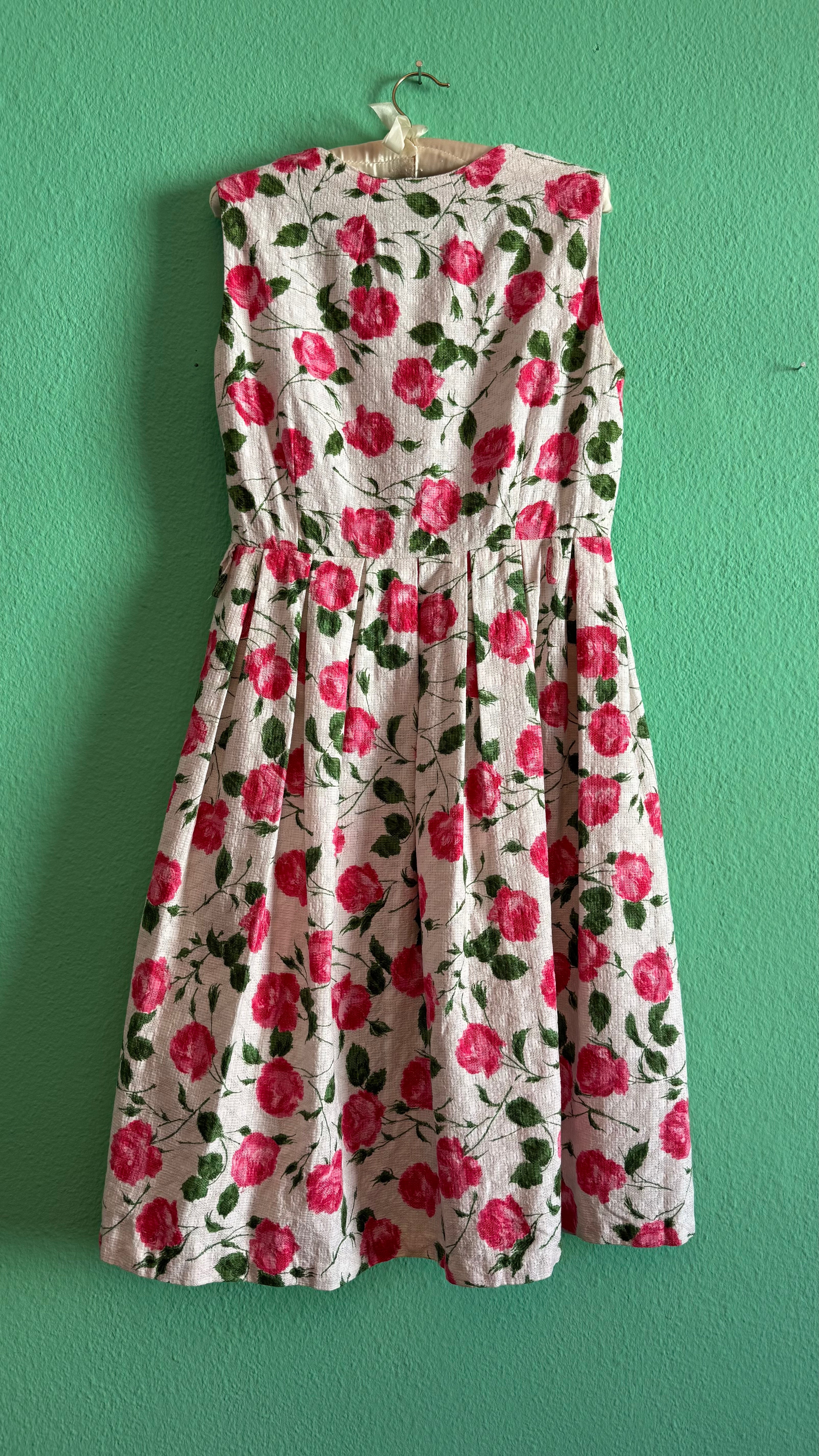 Vintage 1950s Inspired White Cotton Dress with Pink Rose Print