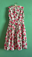 Vintage 1950s Inspired White Cotton Dress with Pink Rose Print