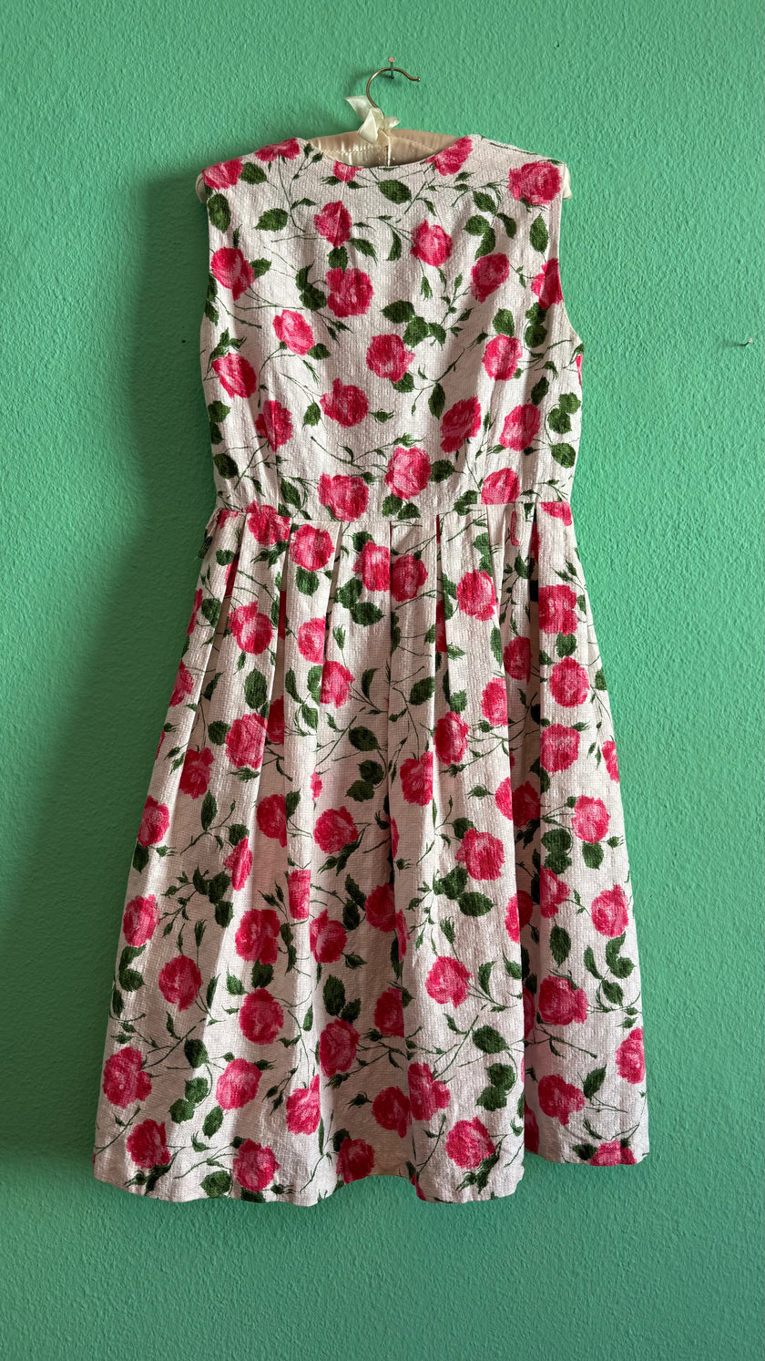 Vintage 1950s Inspired White Cotton Dress with Pink Rose Print