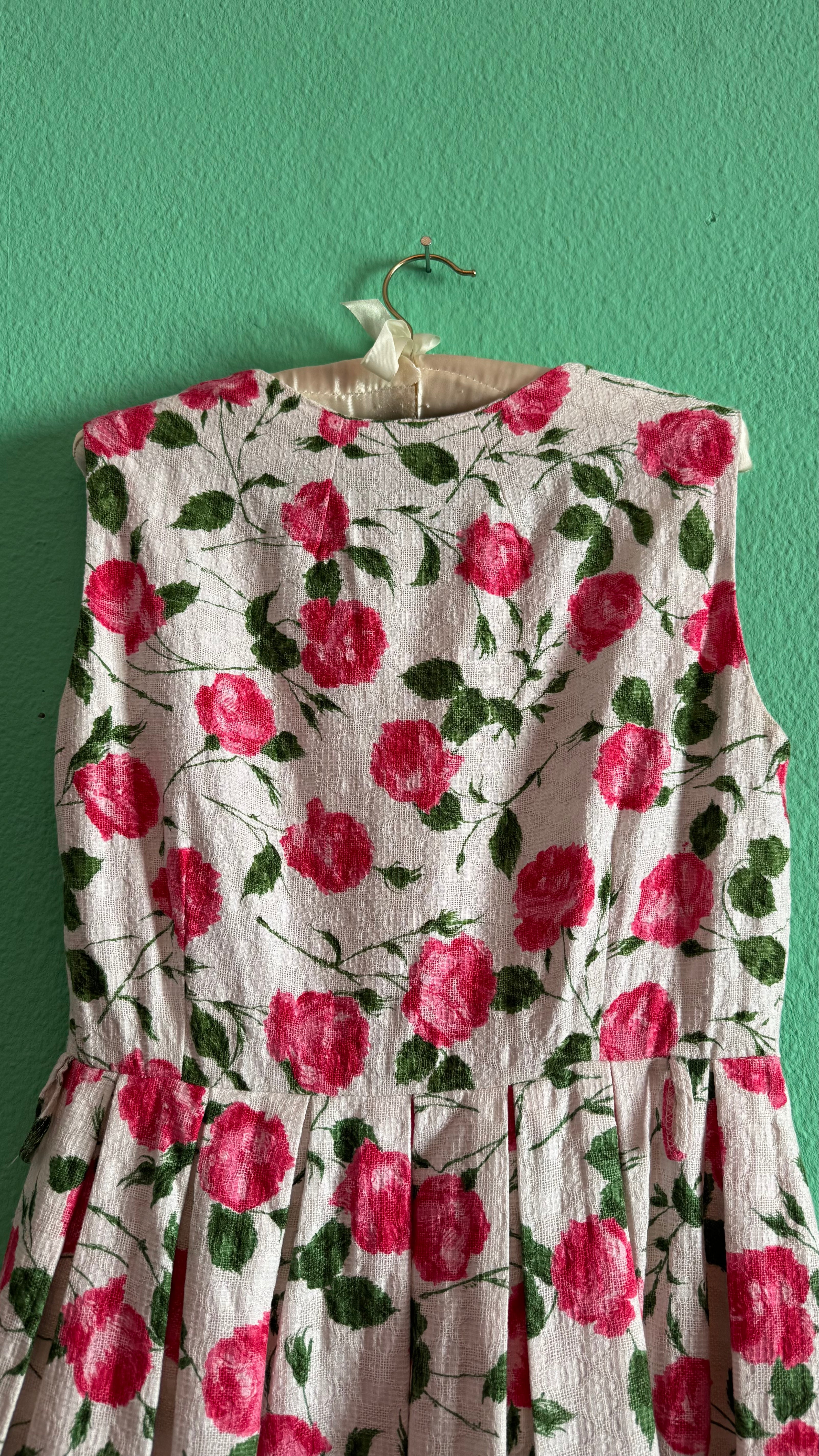 Vintage 1950s Inspired White Cotton Dress with Pink Rose Print