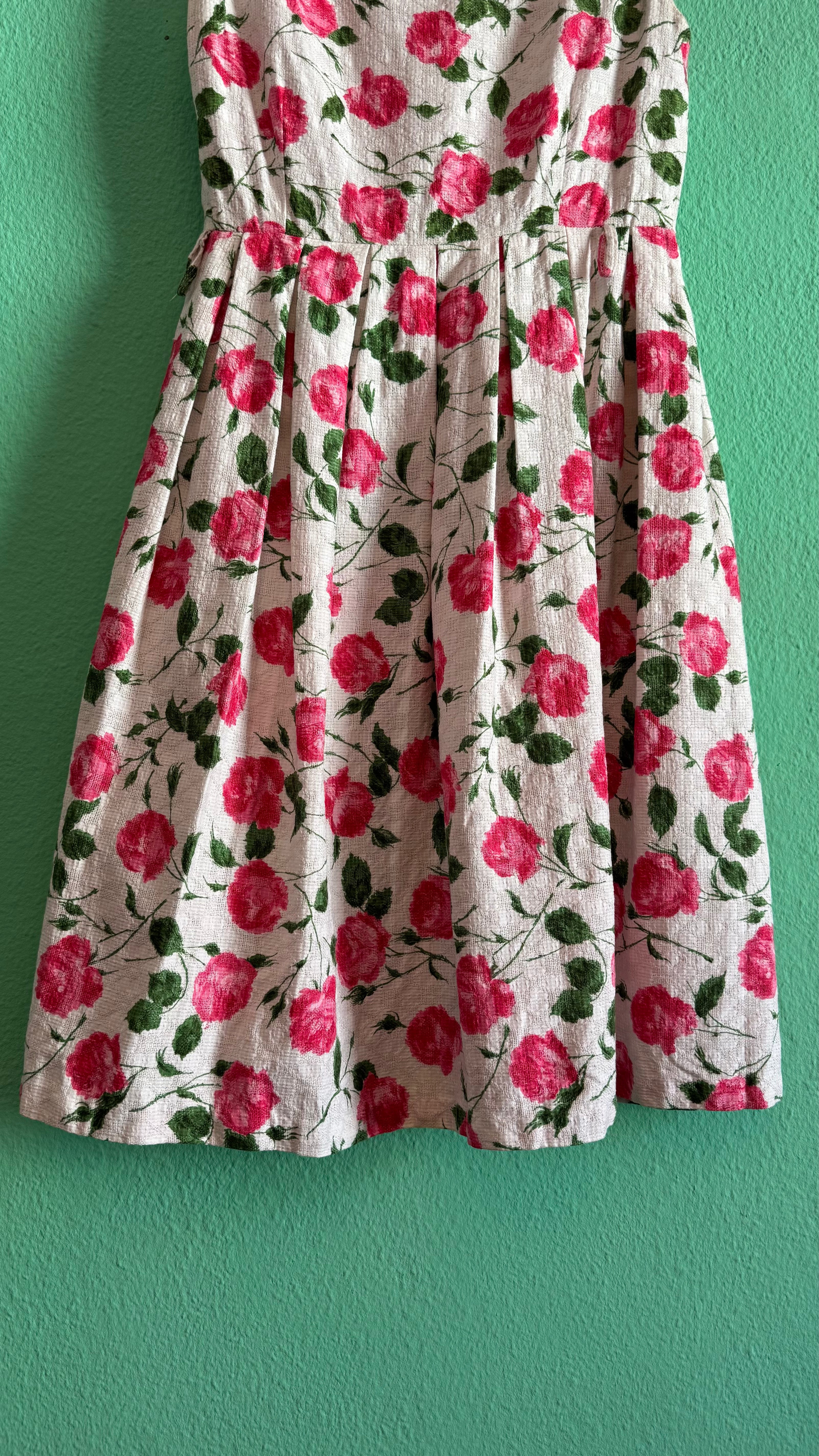 Vintage 1950s Inspired White Cotton Dress with Pink Rose Print