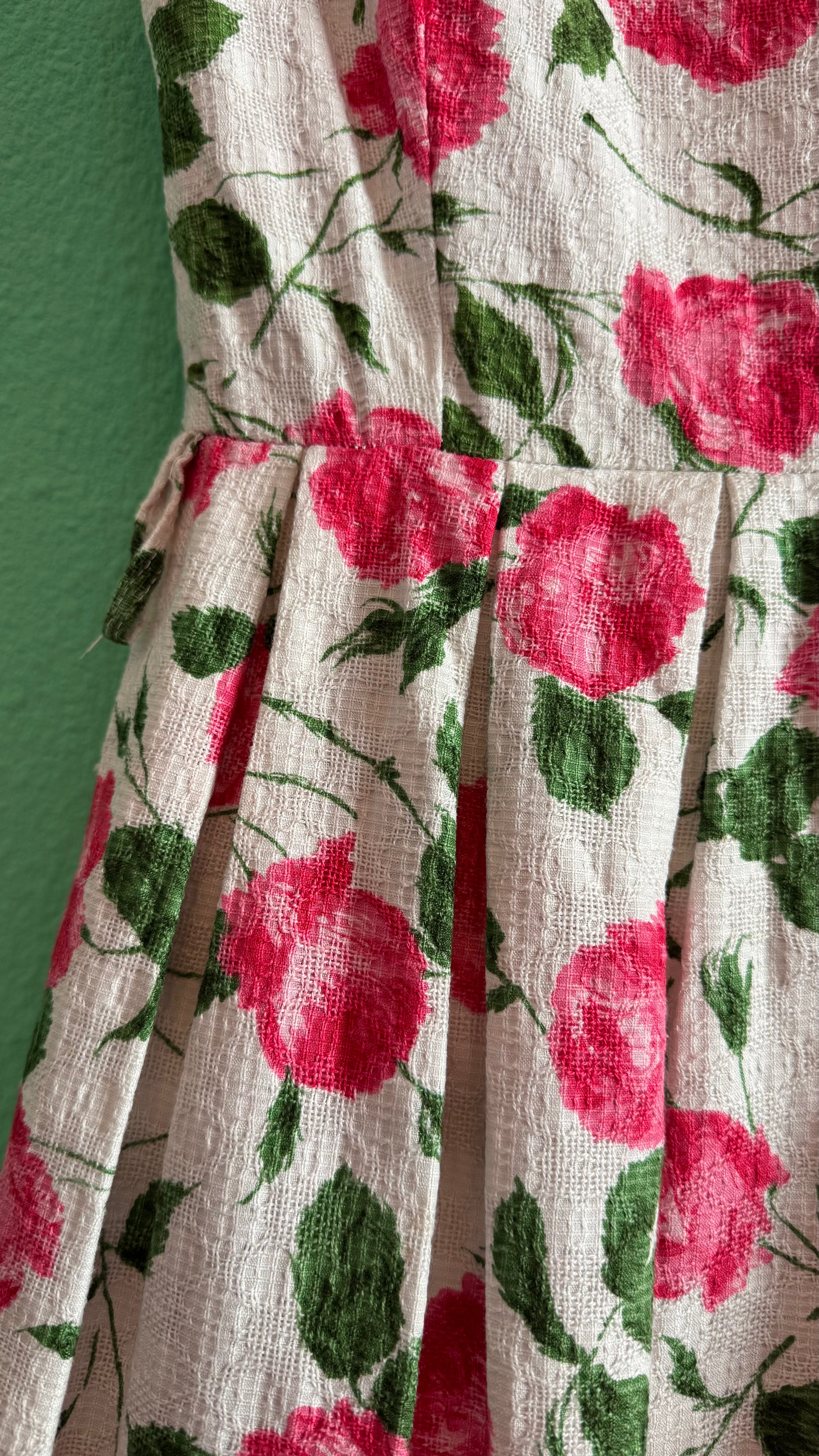 Vintage 1950s Inspired White Cotton Dress with Pink Rose Print