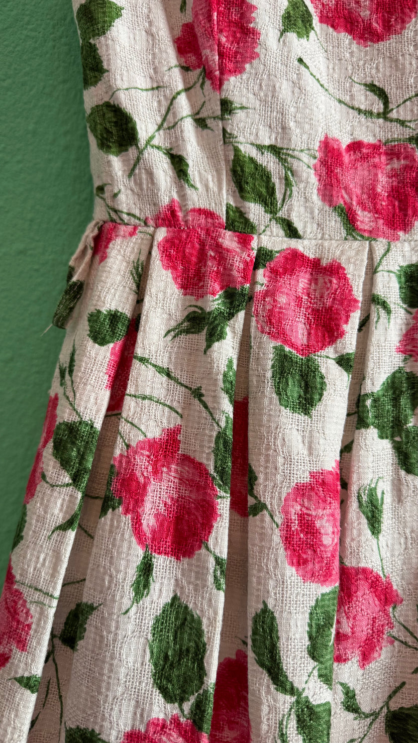 Vintage 1950s Inspired White Cotton Dress with Pink Rose Print