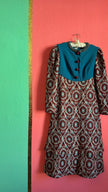 Vintage 1970s Teal & Burgundy Wool and Cotton Tapestry Dress