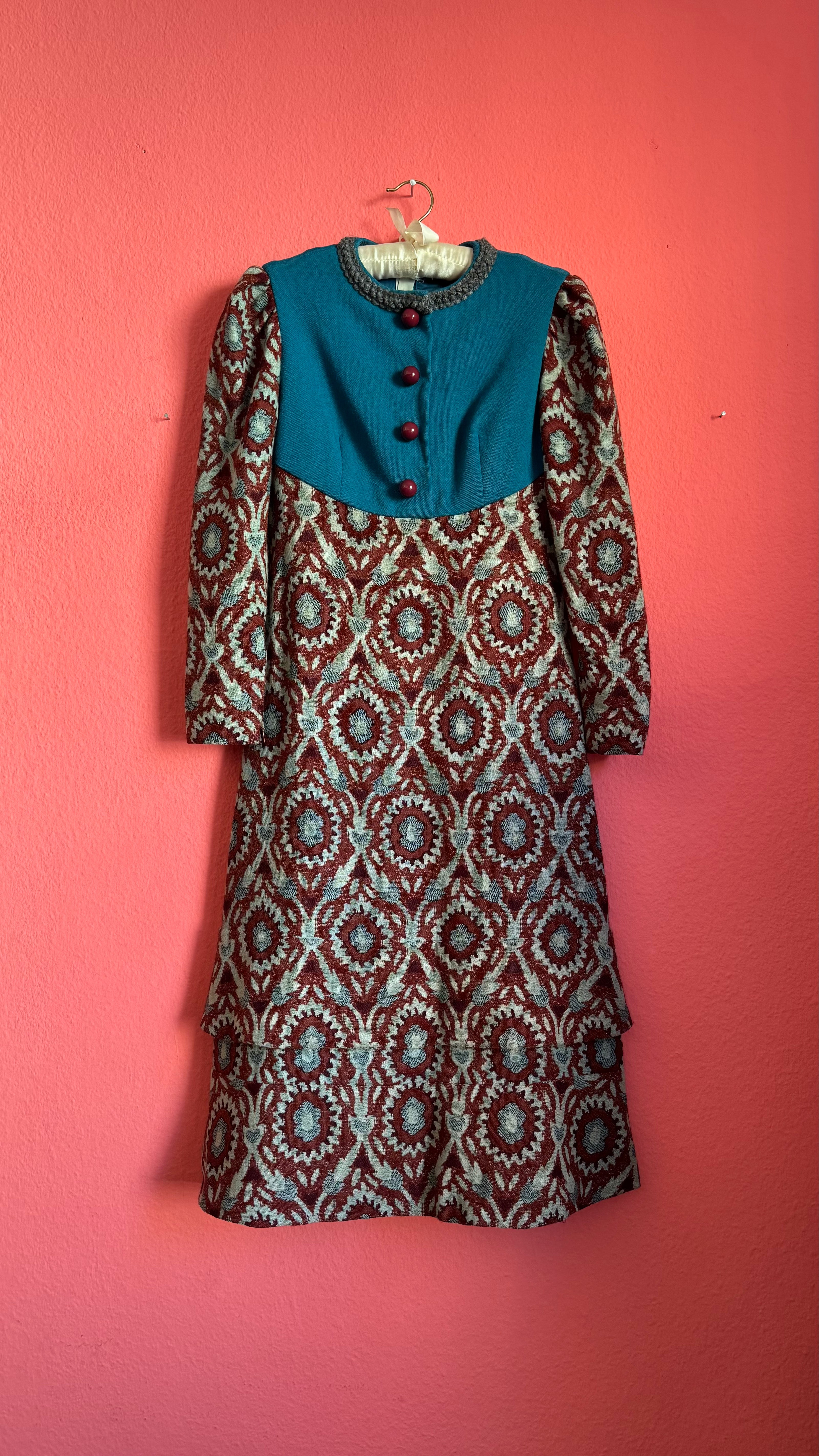 Vintage 1970s Teal & Burgundy Wool and Cotton Tapestry Dress