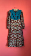 Vintage 1970s Teal & Burgundy Wool and Cotton Tapestry Dress
