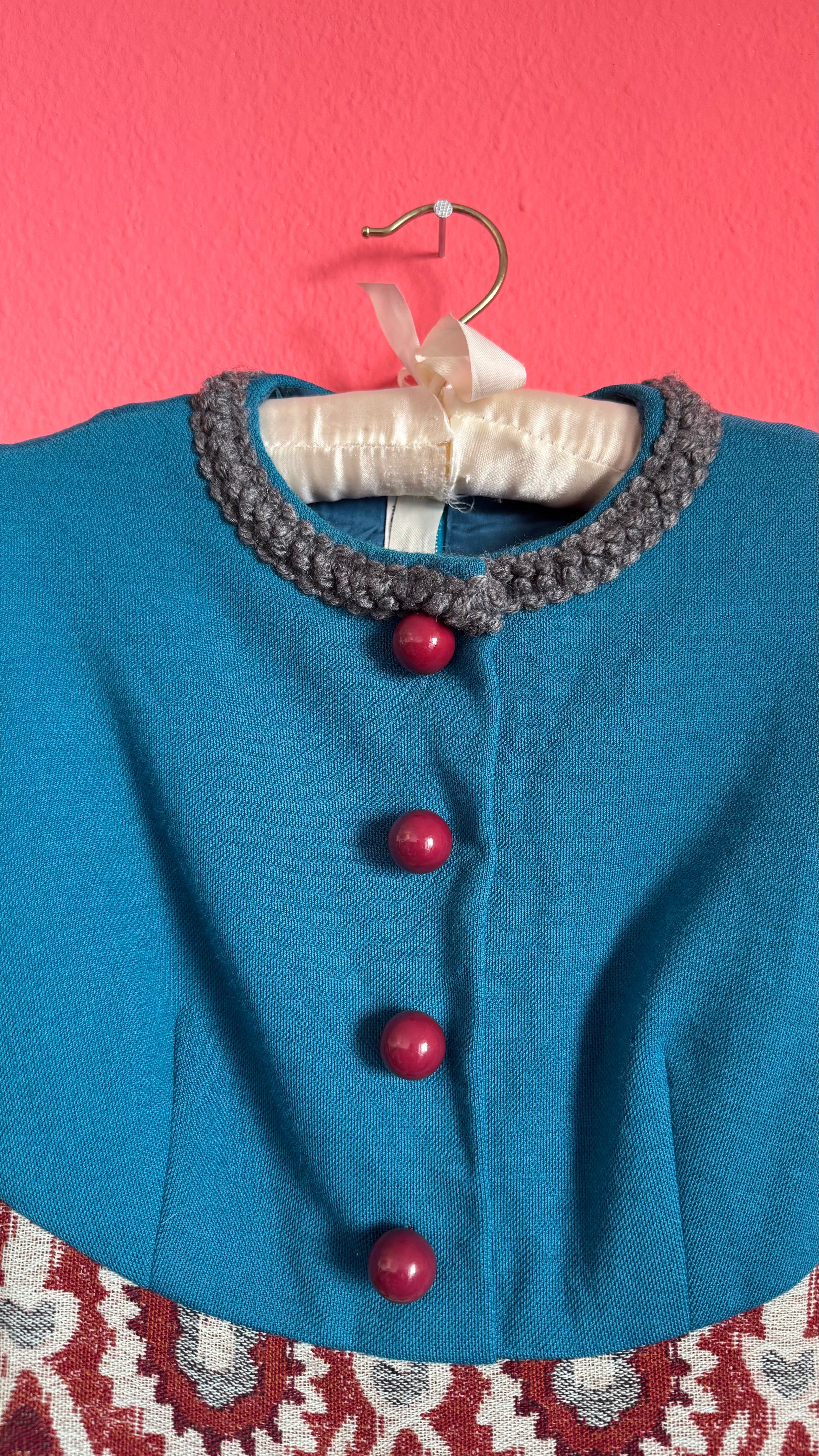 Vintage 1970s Teal & Burgundy Wool and Cotton Tapestry Dress