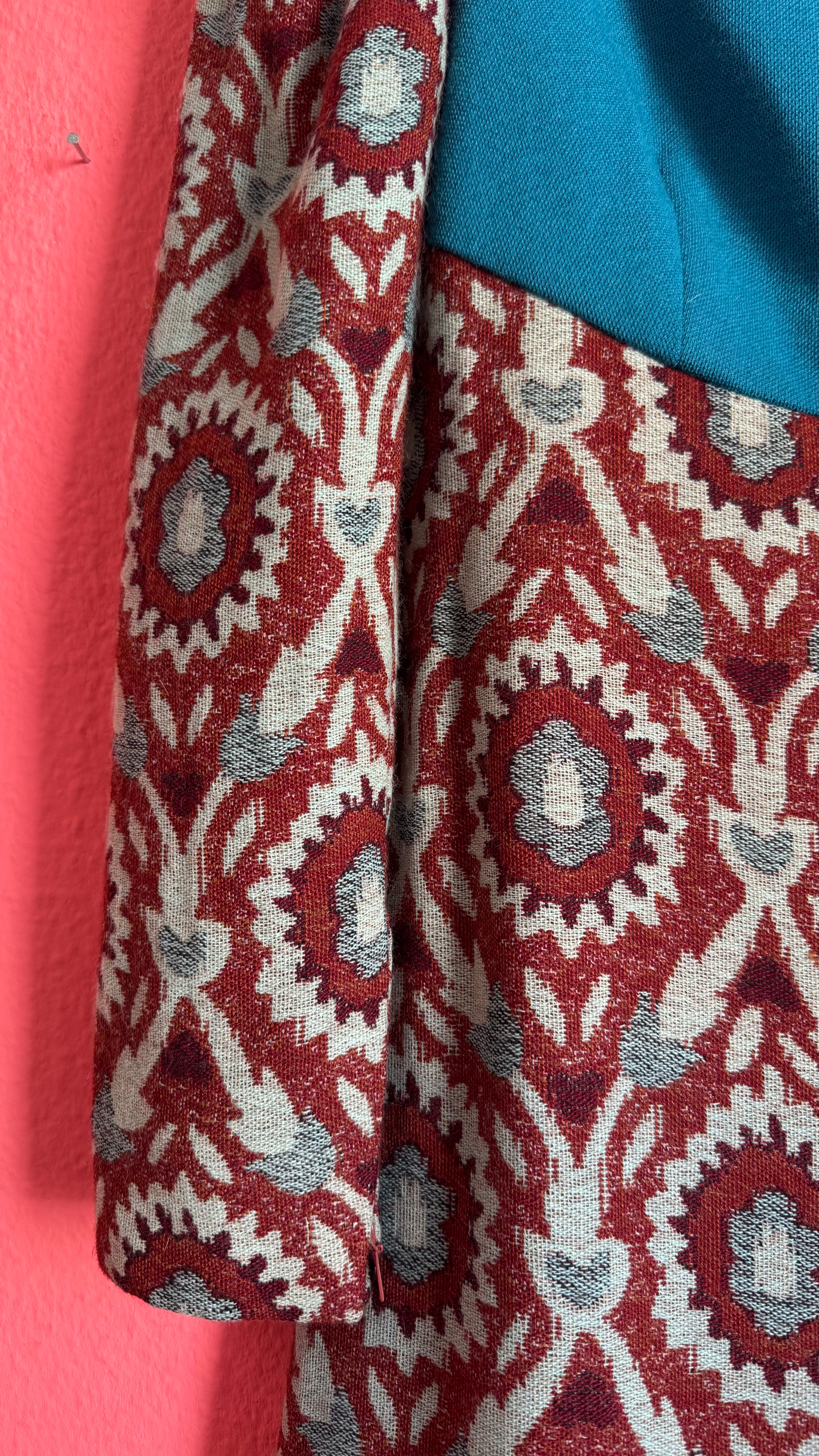 Vintage 1970s Teal & Burgundy Wool and Cotton Tapestry Dress
