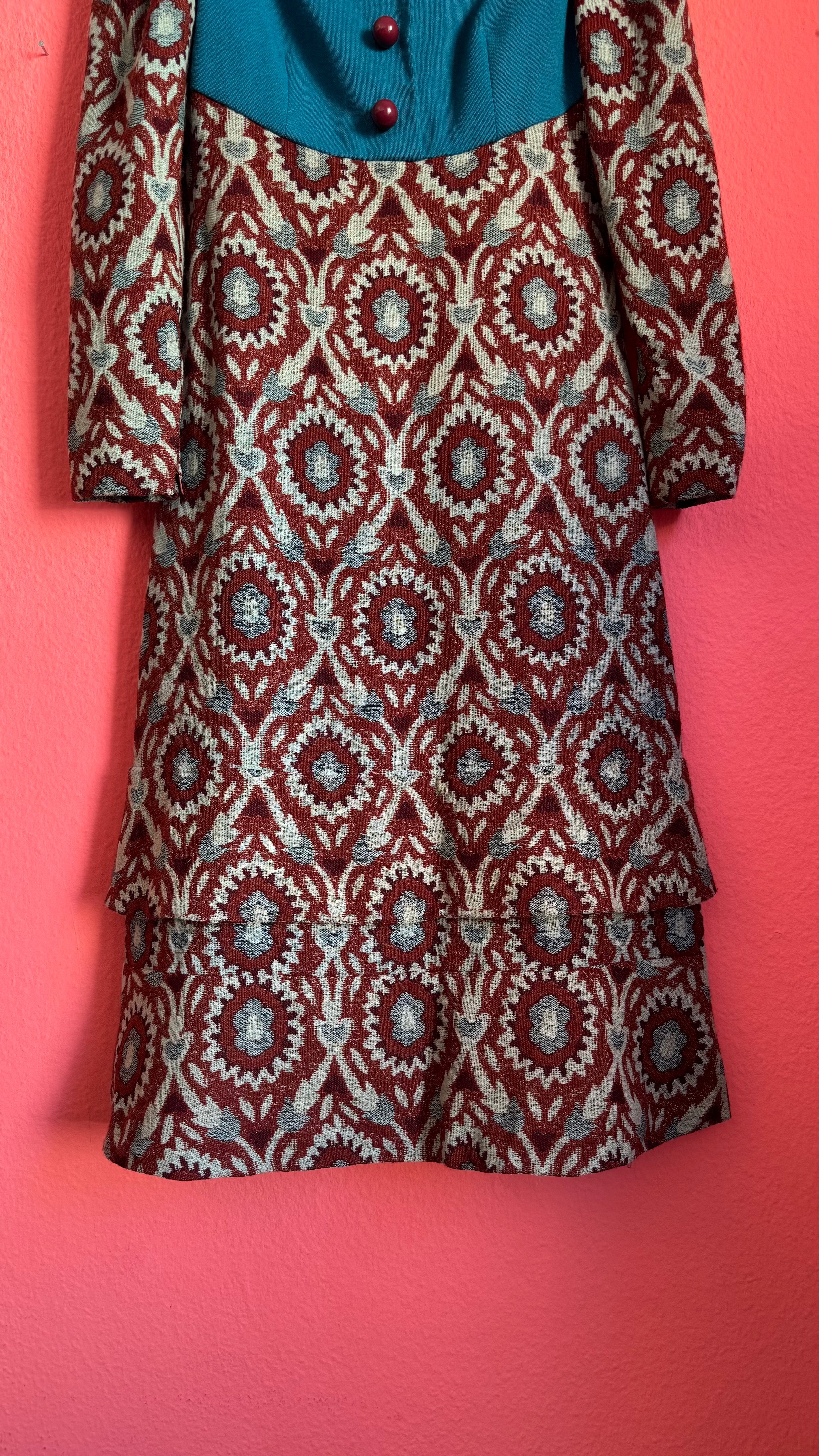 Vintage 1970s Teal & Burgundy Wool and Cotton Tapestry Dress