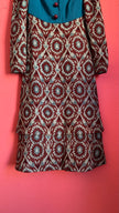 Vintage 1970s Teal & Burgundy Wool and Cotton Tapestry Dress