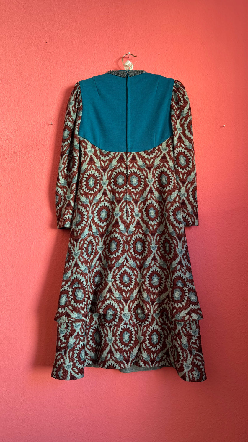 Vintage 1970s Teal & Burgundy Wool and Cotton Tapestry Dress