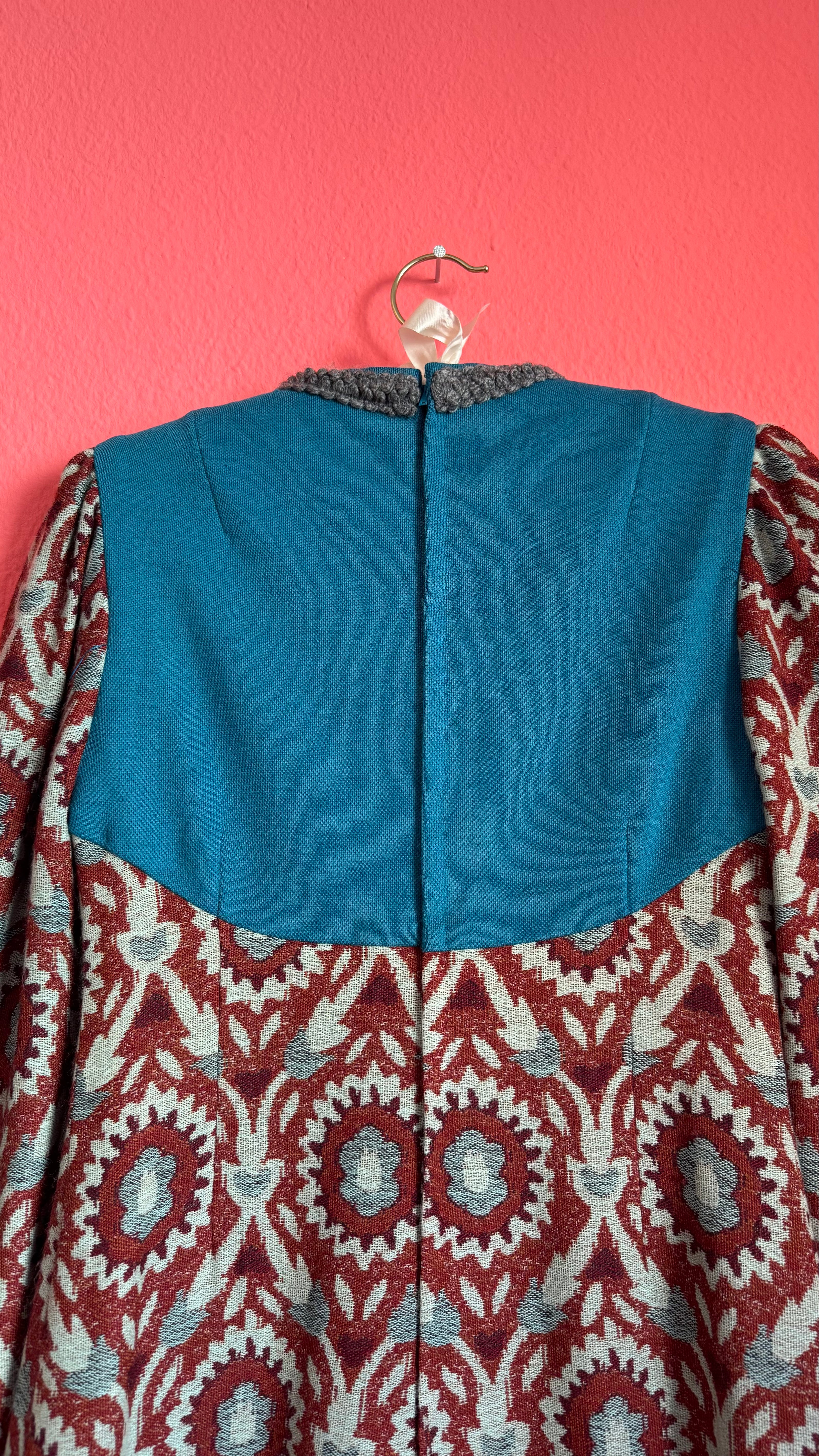 Vintage 1970s Teal & Burgundy Wool and Cotton Tapestry Dress