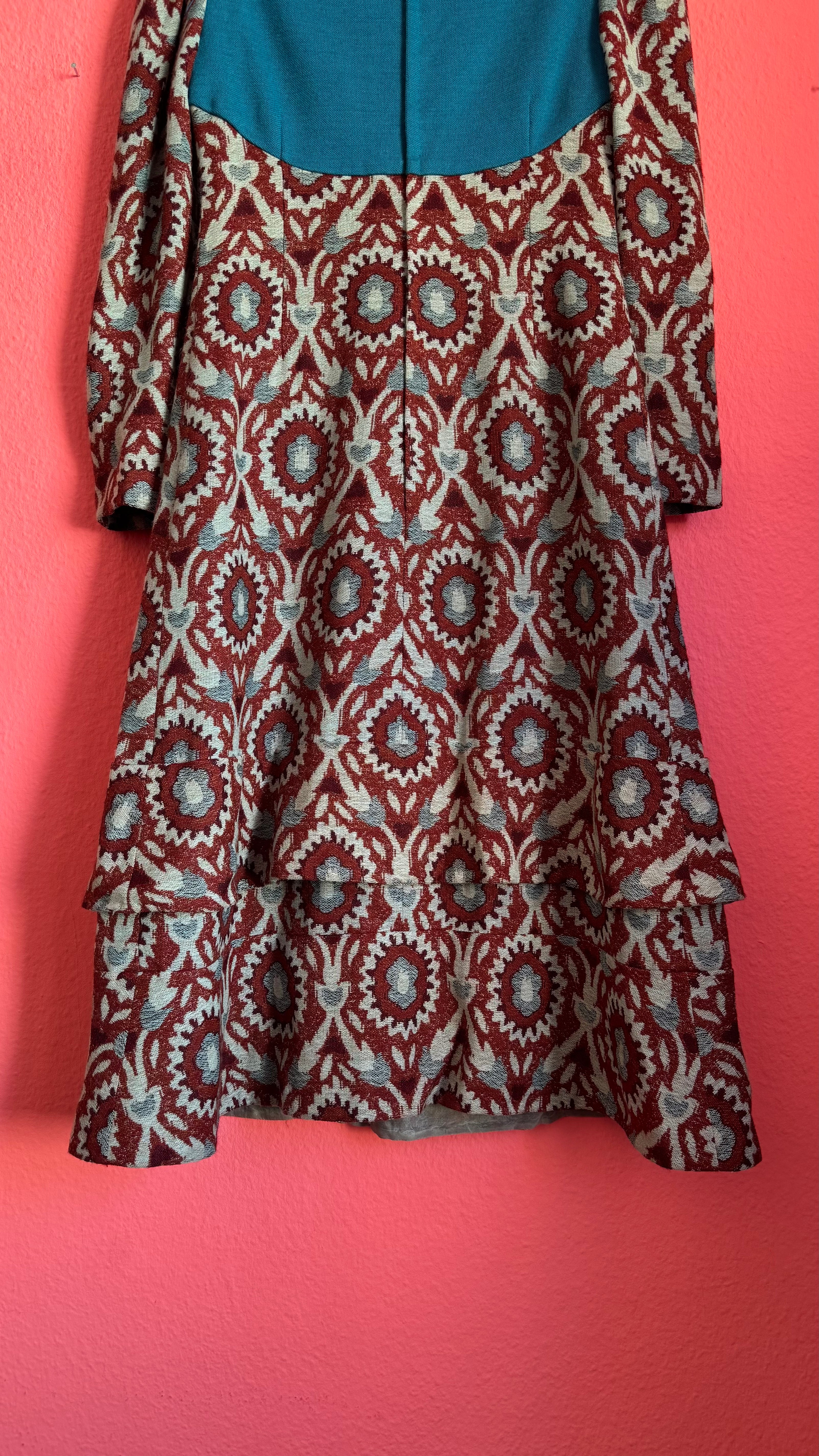 Vintage 1970s Teal & Burgundy Wool and Cotton Tapestry Dress