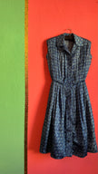 Vintage 1980s Blue Geometric Print Silk Shirt Dress with Pleated Skirt