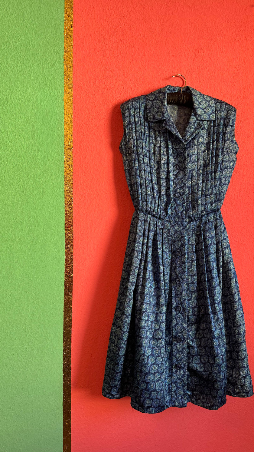 Vintage 1980s Blue Geometric Print Silk Shirt Dress with Pleated Skirt