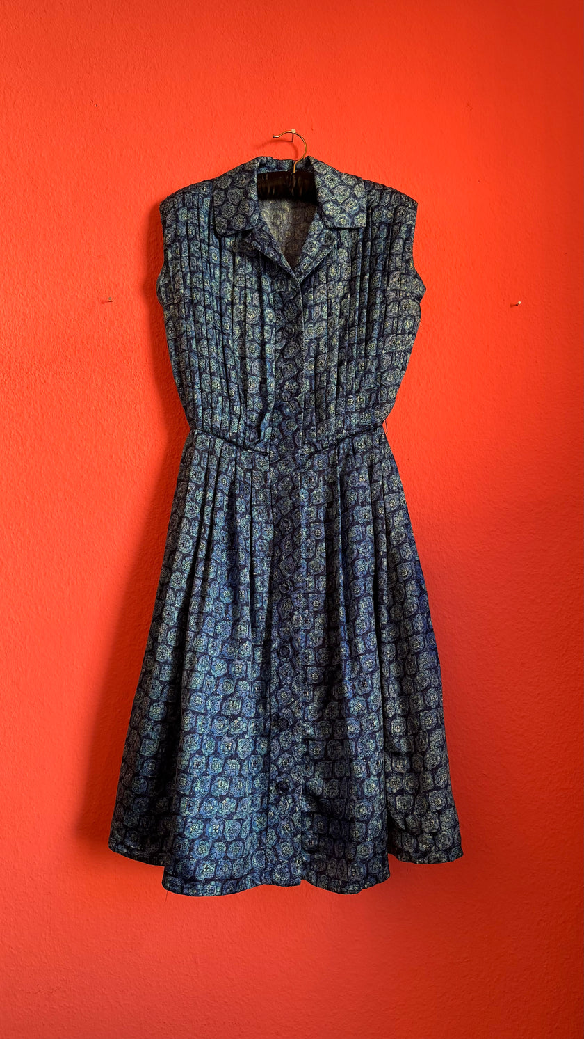 Vintage 1980s Blue Geometric Print Silk Shirt Dress with Pleated Skirt