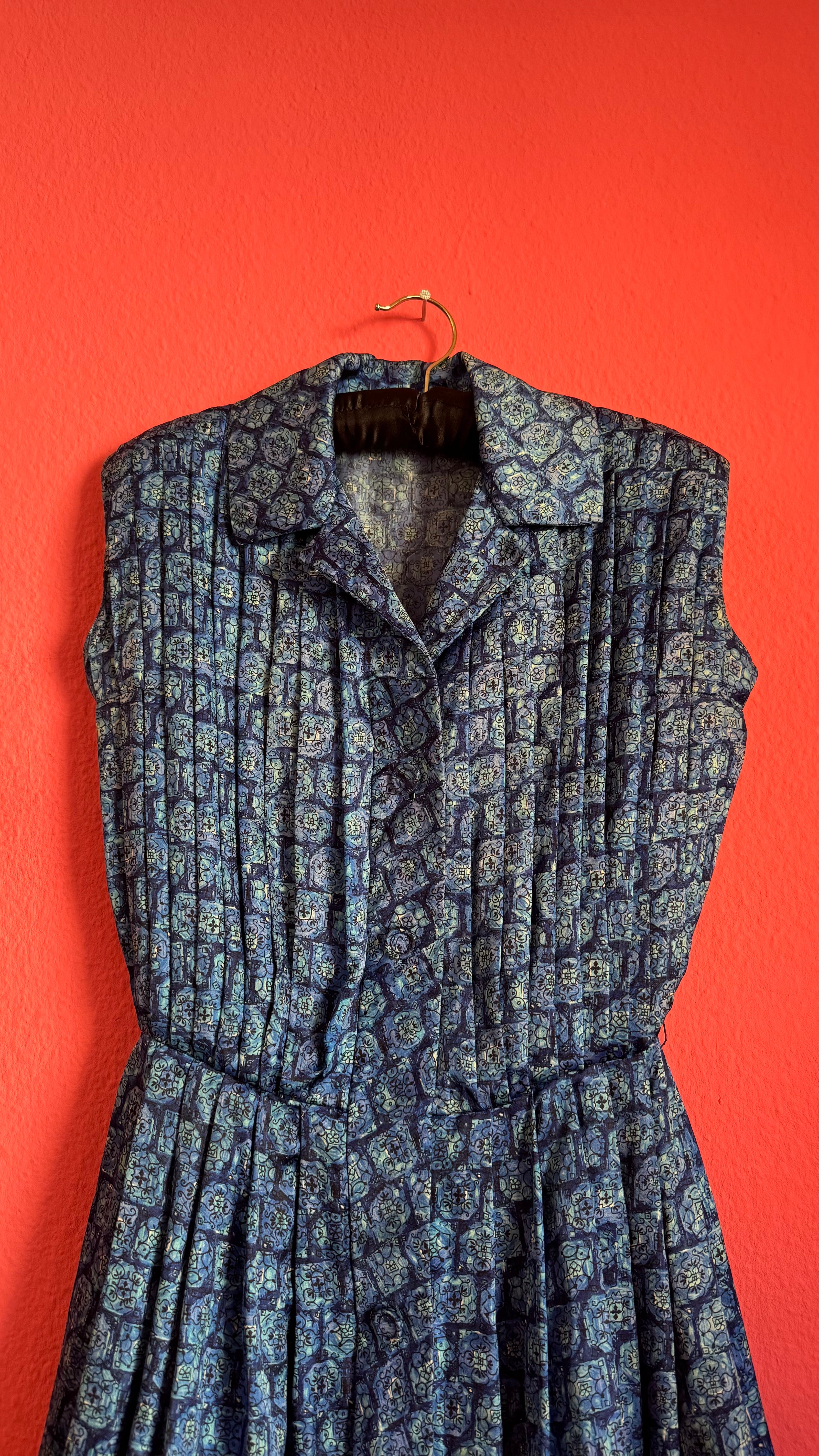 Vintage 1980s Blue Geometric Print Silk Shirt Dress with Pleated Skirt