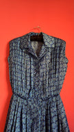 Vintage 1980s Blue Geometric Print Silk Shirt Dress with Pleated Skirt