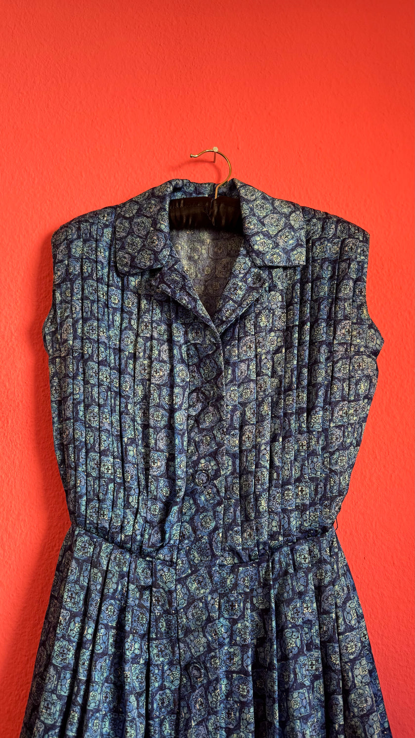 Vintage 1980s Blue Geometric Print Silk Shirt Dress with Pleated Skirt