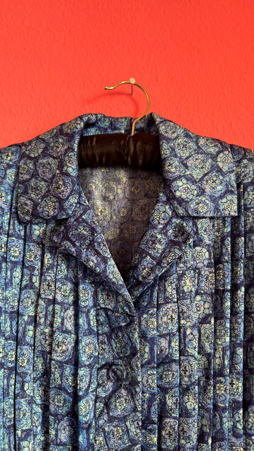 Vintage 1980s Blue Geometric Print Silk Shirt Dress with Pleated Skirt