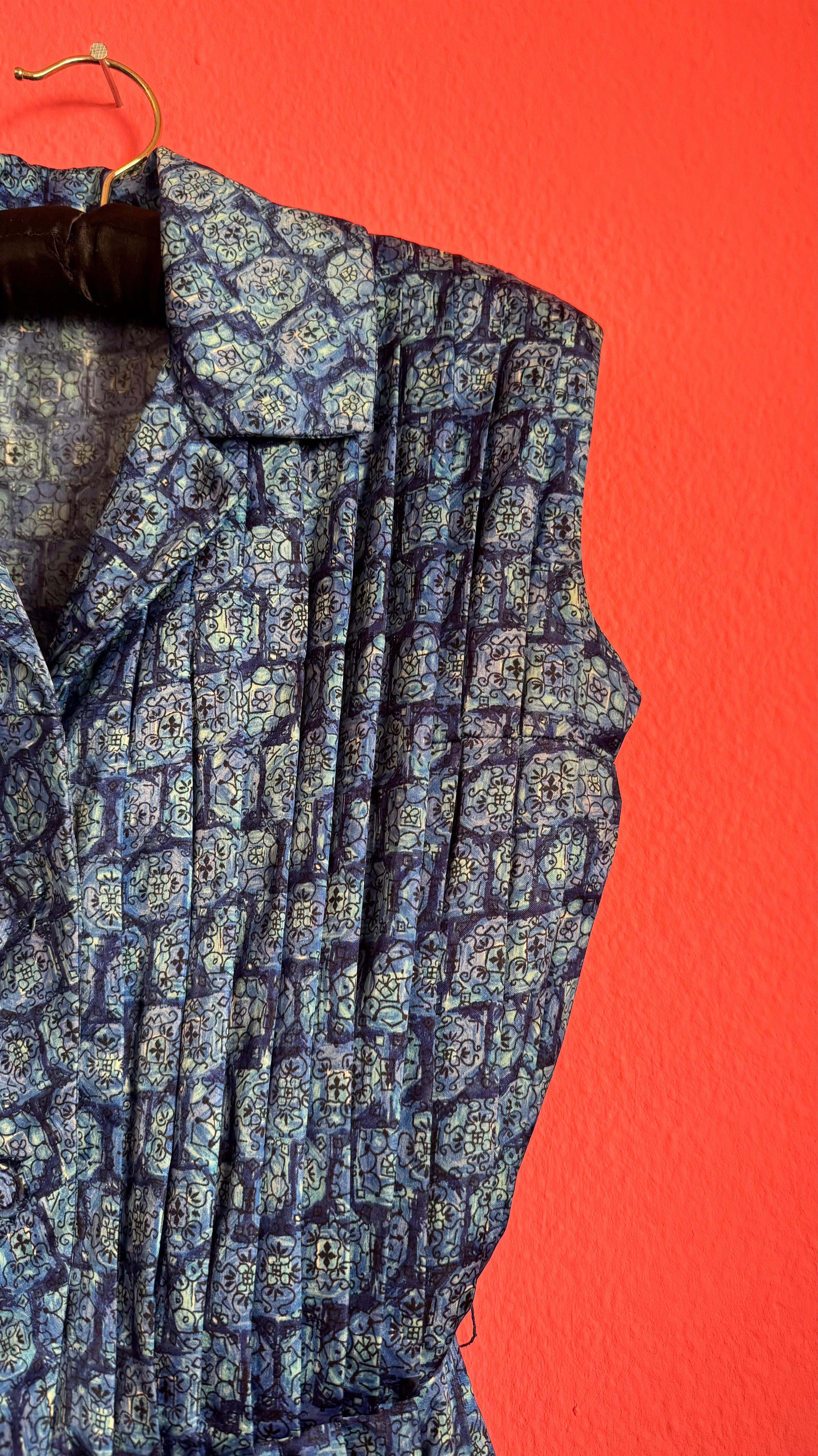 Vintage 1980s Blue Geometric Print Silk Shirt Dress with Pleated Skirt