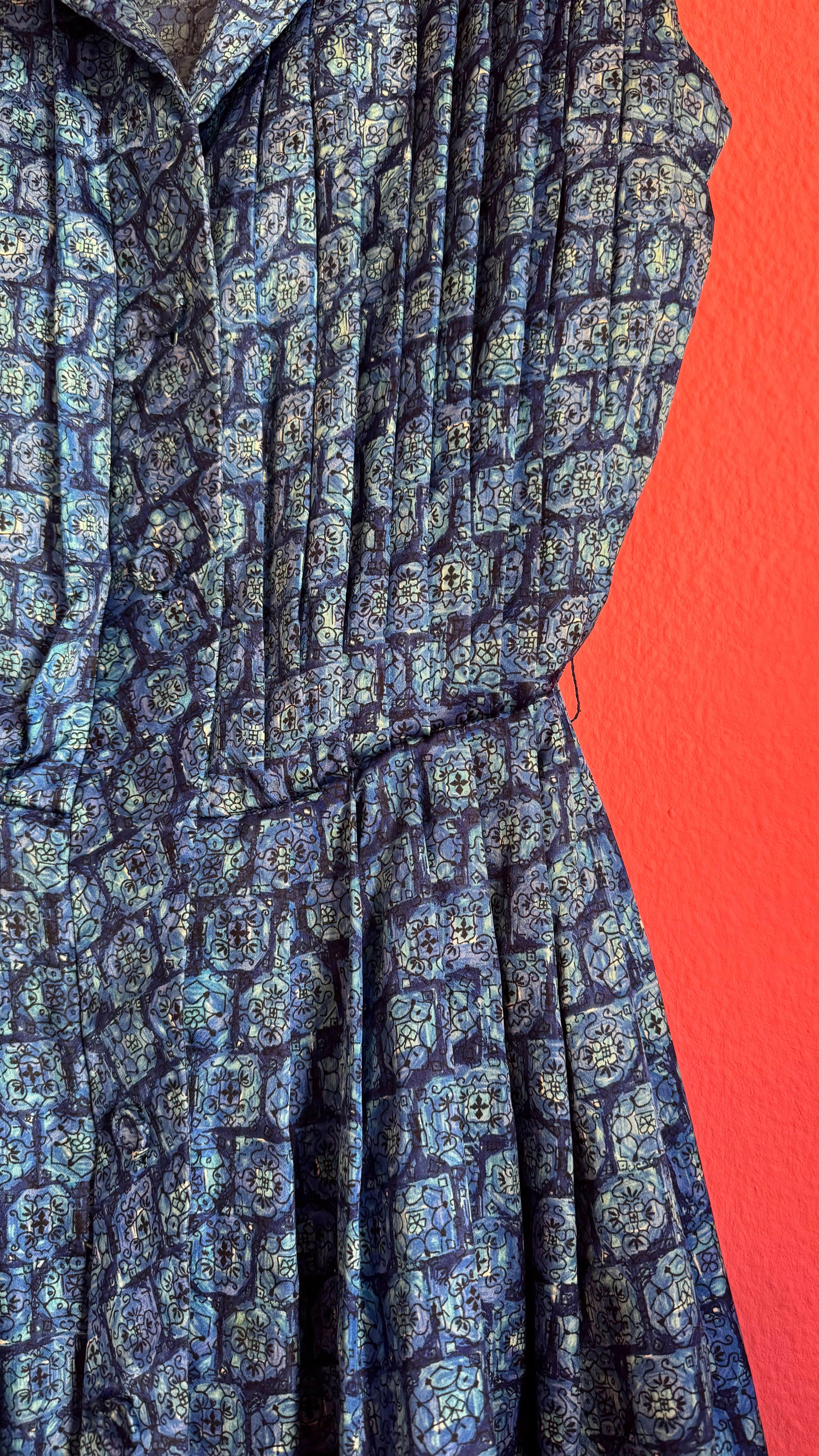 Vintage 1980s Blue Geometric Print Silk Shirt Dress with Pleated Skirt