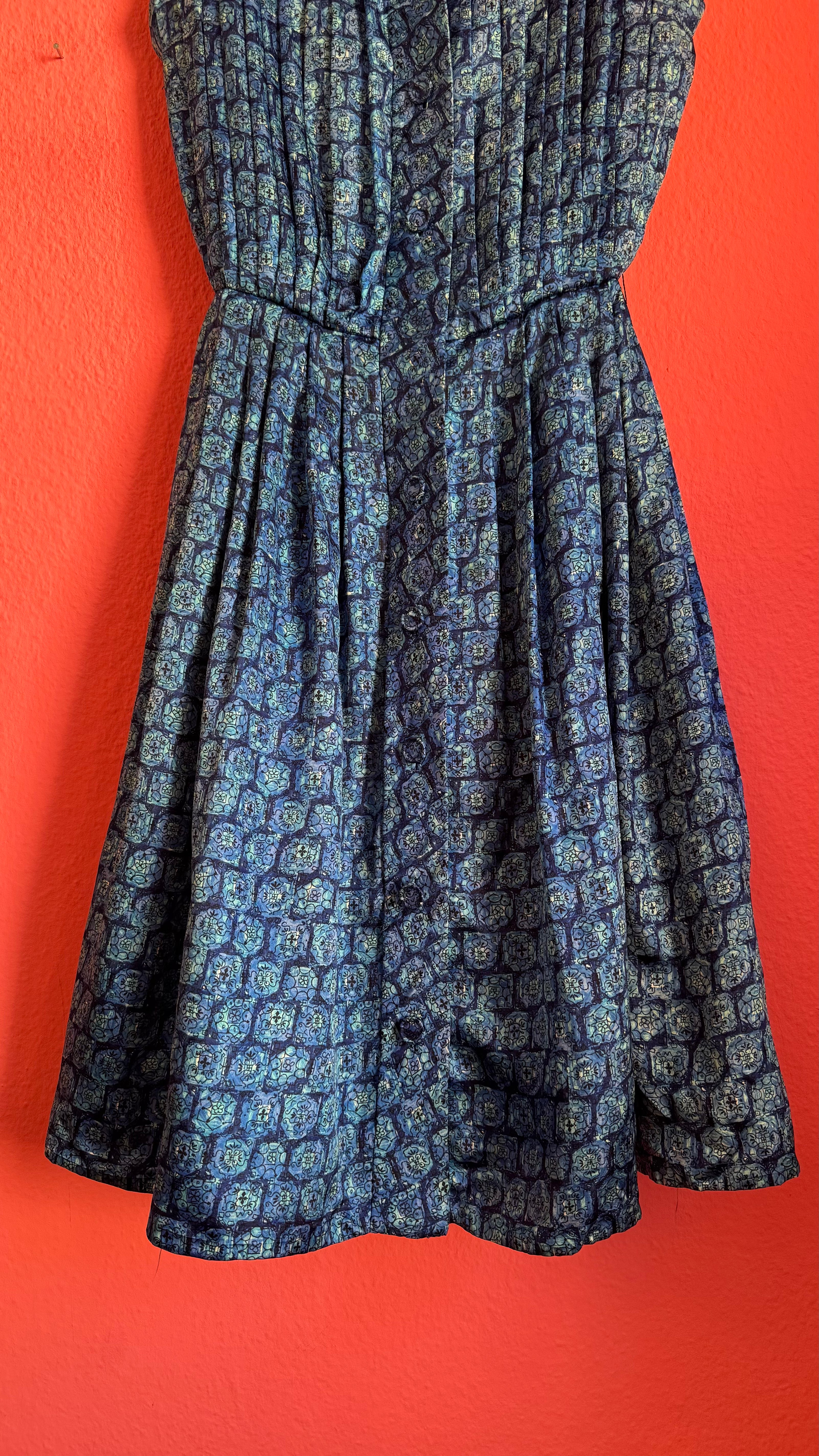 Vintage 1980s Blue Geometric Print Silk Shirt Dress with Pleated Skirt