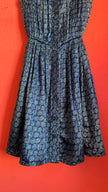 Vintage 1980s Blue Geometric Print Silk Shirt Dress with Pleated Skirt