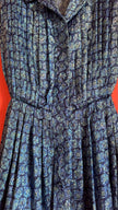 Vintage 1980s Blue Geometric Print Silk Shirt Dress with Pleated Skirt