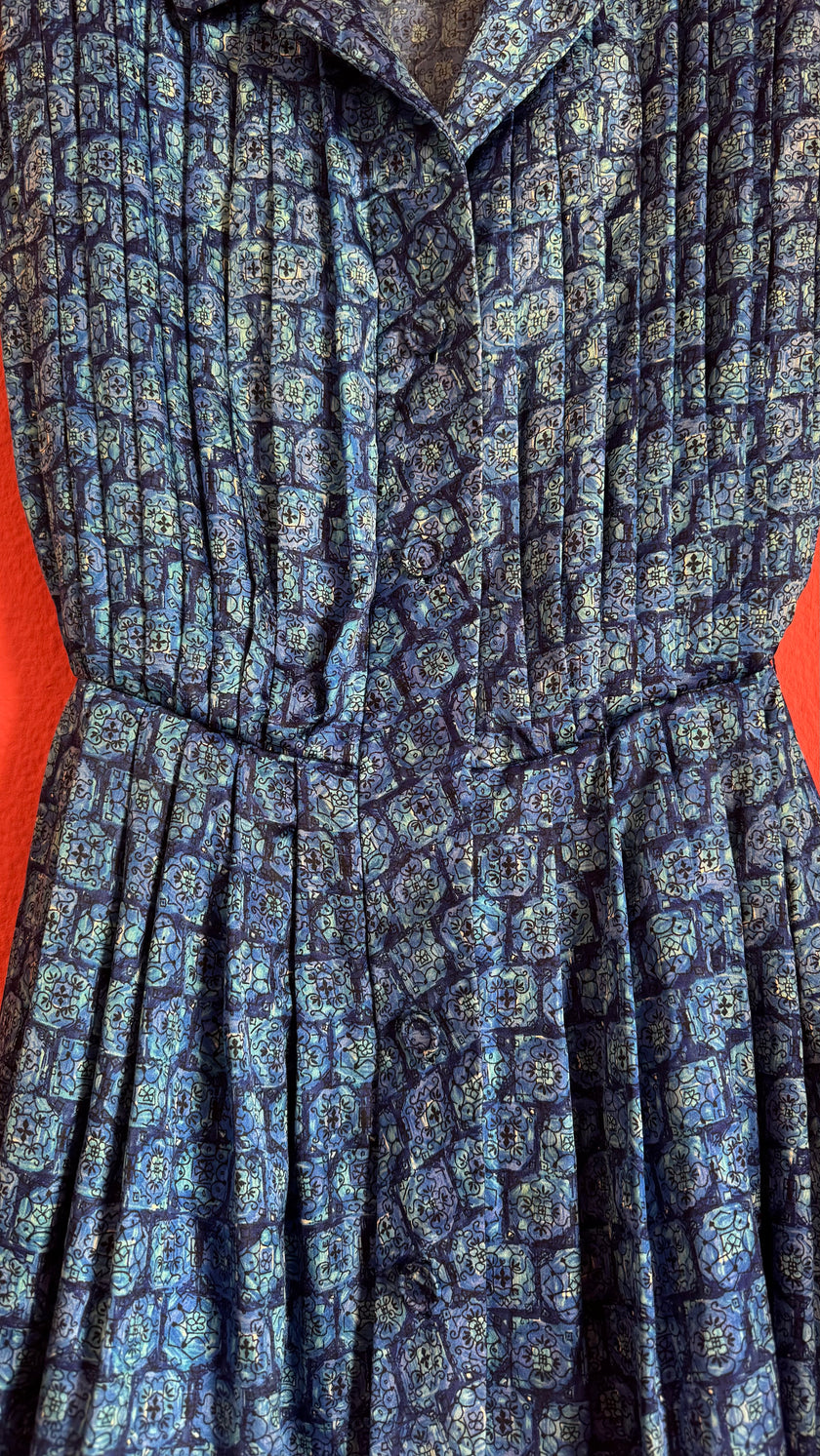 Vintage 1980s Blue Geometric Print Silk Shirt Dress with Pleated Skirt