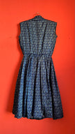 Vintage 1980s Blue Geometric Print Silk Shirt Dress with Pleated Skirt