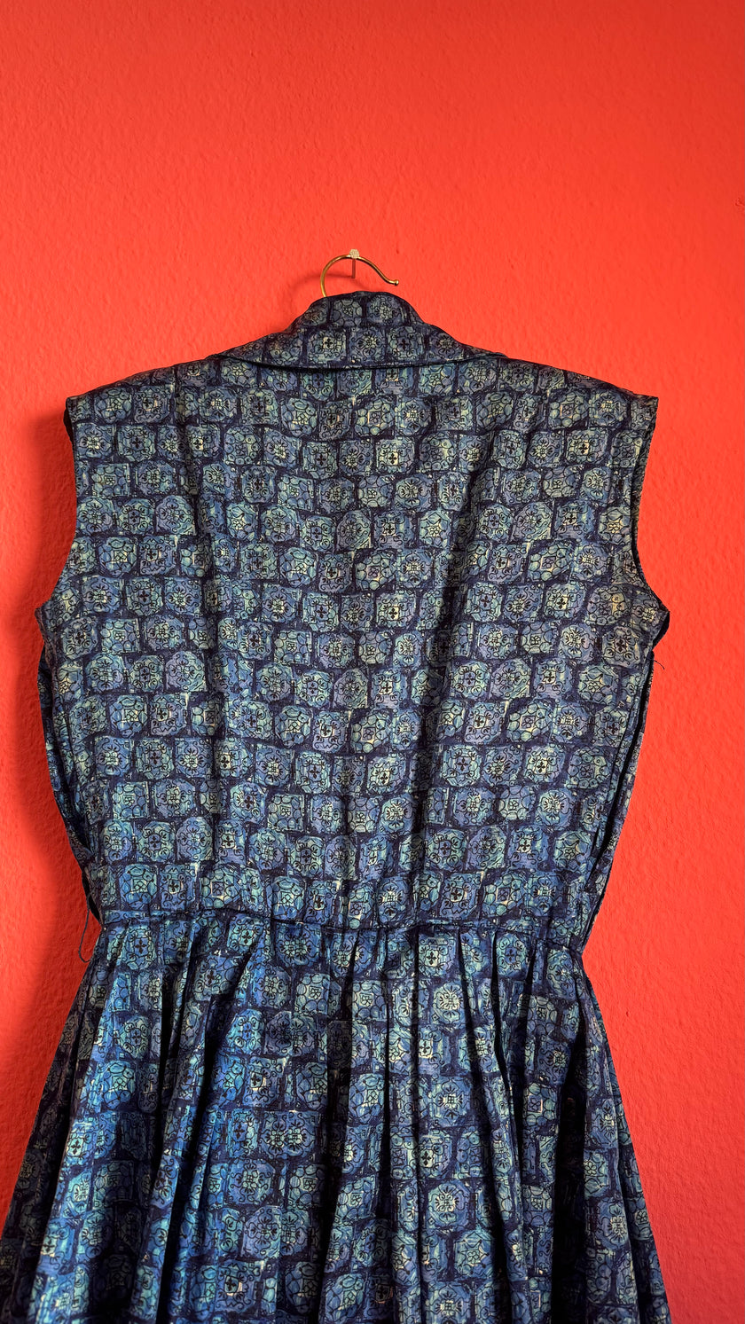 Vintage 1980s Blue Geometric Print Silk Shirt Dress with Pleated Skirt