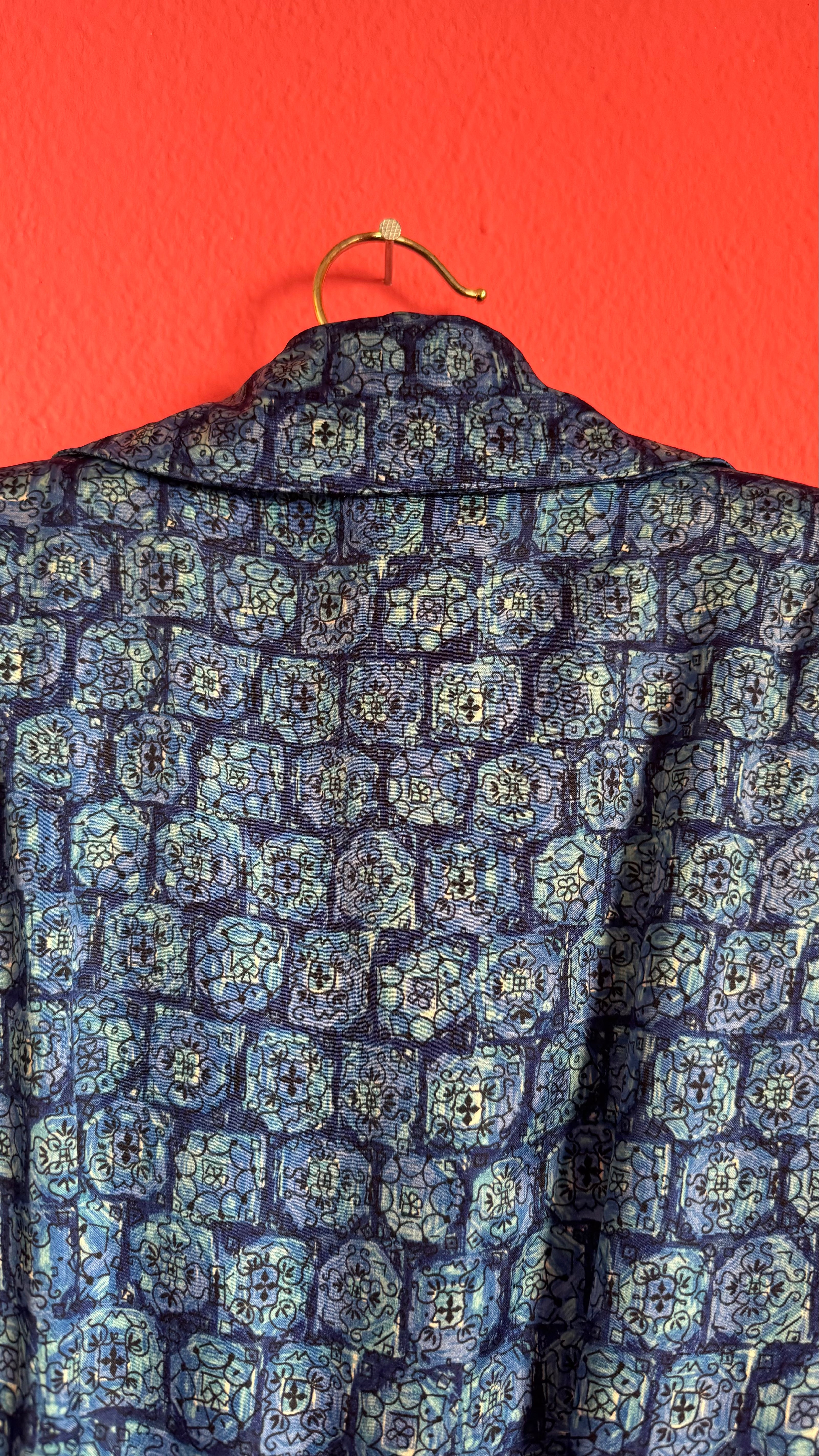 Vintage 1980s Blue Geometric Print Silk Shirt Dress with Pleated Skirt